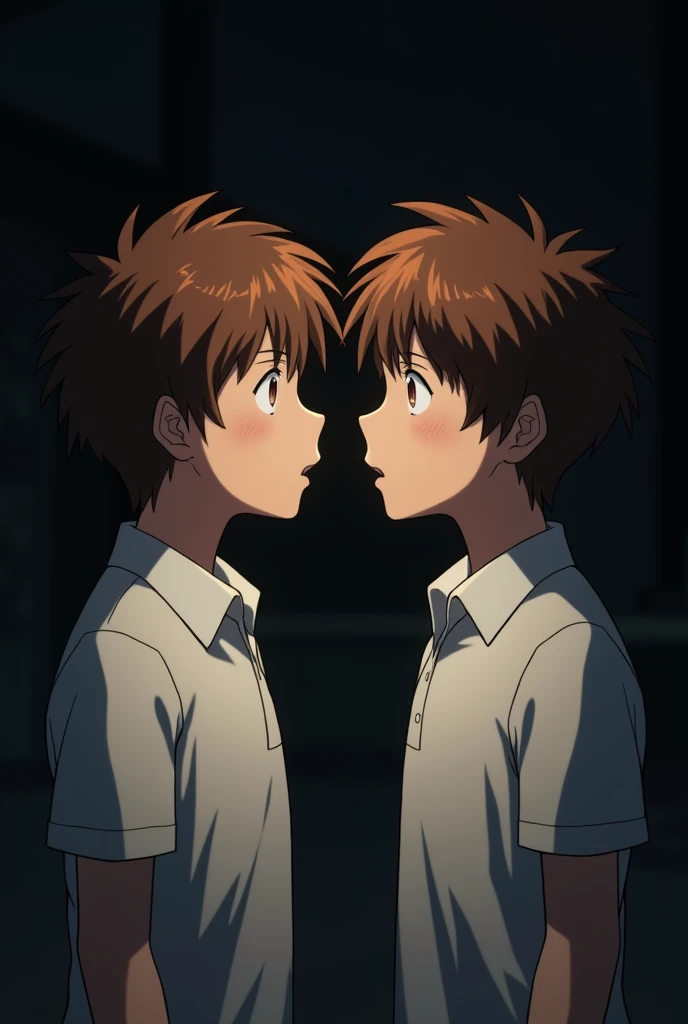 A with a brown hair and eyes with a good jawline wearing a white polo talking to anot boy who looks exactly like him in a dark background while being shocked (anime version)