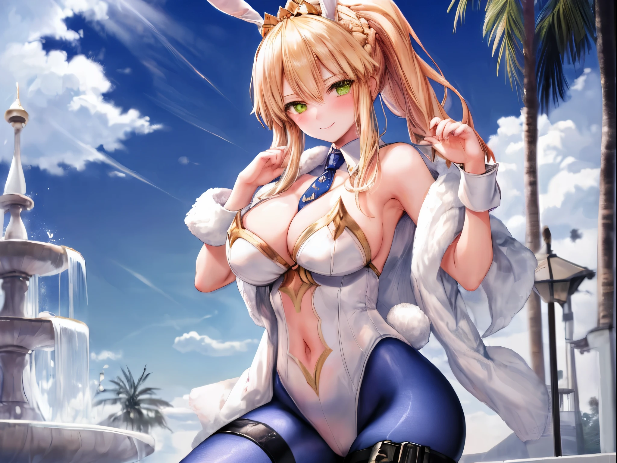 masterpiece, best quality, absurdres, soft lighting, looking at viewer, solo, light_smile, shy,
1girl, ahoge, rabbit ears, playboy bunny, artoria pendragon \(swimsuit ruler\) \(fate\), large breasts , blonde hair, green eyes, french braid, pony tail
bare shoulders, large breasts , cleavage,
clothing cut out, wrist cuffs, detached collar, navel cutout, feather boa,
white leotard, blue necktie, blue pantyhose, single thigh strap, hands_on_head,put_hands_up,
squat,gorgeous_fountain_landscape_background,solo,rabbit_posing,large_thighs,Extend_fingers,palm,open_legs,.solo