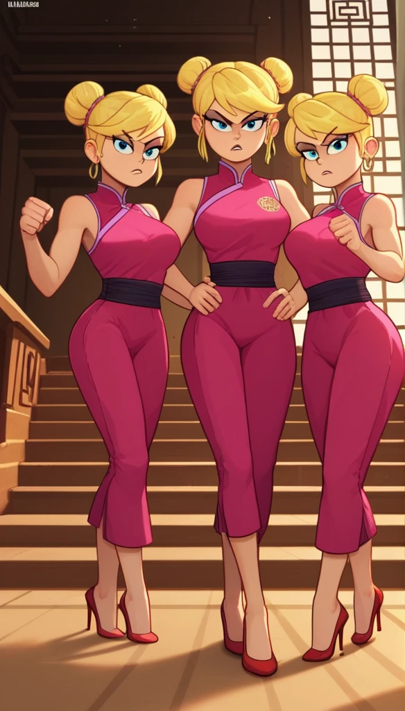 lola loud, 3girls, trio, 24yo girl, large breasts, pink cheongsam, inside of a chinese temple, looking at viewer, blonde hair, two hair buns , hands score_9, score_8_up, score_7_up, high heels, teep fighting stance,martial arts, stairs behind her, guarding the stairs, adoor begind the stairs, they wear the same outfit, they are twins