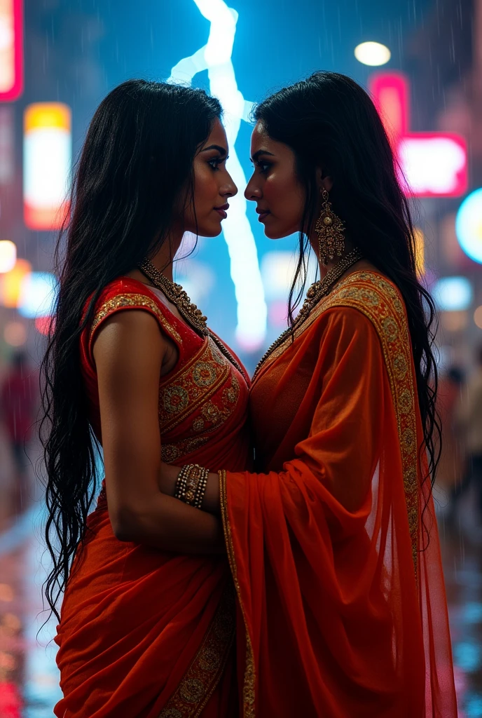 Two beautiful indian women age 30 sexy figure long hair very  big breast wrapped in together in one saari wet in rain standing nose to nose fighting each other 