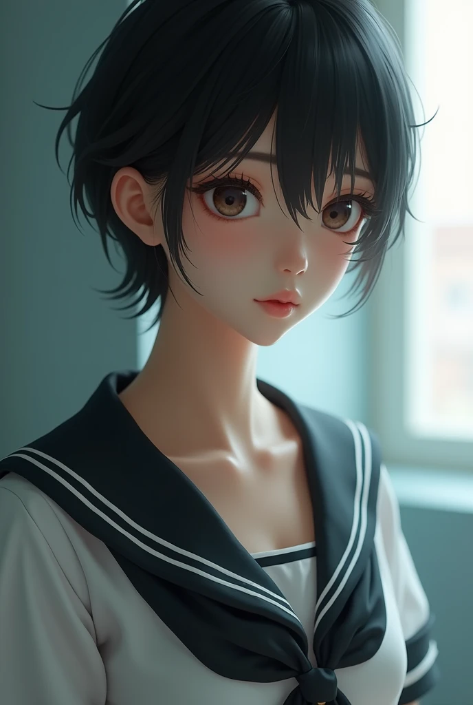 Realistic glowing skin, (sweating:1.4),Stand backwards,Look back at your face,Always look at the camera, (When the uniform gets wet with sweat, it becomes transparent..:1.4),(sweating:1.2),(Nipples:1.8),
Classic black and white sailor uniform,Summer clothes,Cold look,Cold Stare,Black Hair,short hair,Tie your hair short,Silky translucent white skin,best Realistic depiction,(Very detailed美しい顔), Great face and eyes, (Highest quality:1.4), (Very detailedな), (Very detailed CG 統合 8k 壁紙), Very detailed, High resolution raw color photos, Professional photography, Realistic portrait,
(Detailed RAW photos of the girl's whole body), Canon EOS R5 250mm, Sharp focus, Cinema Lighting, (No makeup:1.2), Fine skin, Delicate collarbone,Fine texture of the sailor uniform,Very Realistic sailor uniform texture,(Ultra-high resolution:1.6), (Realistic:1.6),