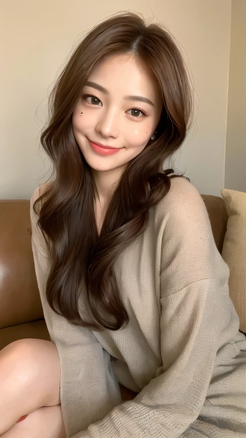 ((highest quality, 8k, masterpiece: 1.3)), 1 female, Japanese Idol,Sensual beauty: 1.3, (Hair style Brown hair Medium wave, big: 1.2), Nightwear: 1.1, A very friendly face, Delicate eyes, double eyelid, Dimples,Mole, Sit on the sofa,relax,smile,Plump body,