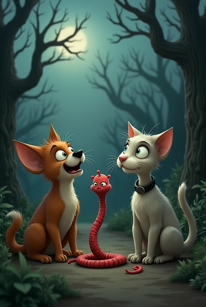 create something that is combing real photos of surprised animals (cat y dog) and then placing a Tim Burton-looking heartworm between them. cartoonist, but something scary