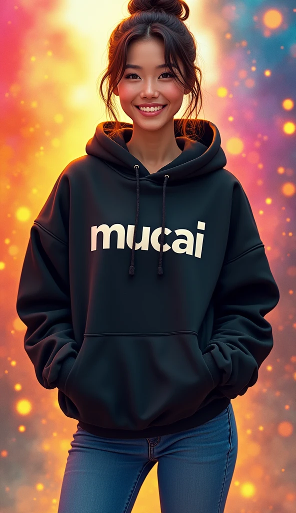 a full body picture of tanned japanese woman, bun highlighted brown hair, wearing black hoodie write "MUCAI" on long cut hoodie and blue jeans, back ground is colorful, vibrant, ((Masterpiece, Top Quality, High Resolution, Photorealistic, Raw, 8K)), standing and facing forward, smilling, realistic