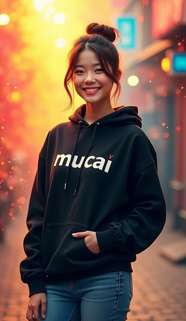 a full body picture of tanned japanese woman, bun highlighted brown hair, wearing black hoodie write "MUCAI" on long cut hoodie and blue jeans, back ground is colorful, vibrant, ((Masterpiece, Top Quality, High Resolution, Photorealistic, Raw, 8K)), standing and facing forward, smilling, realistic