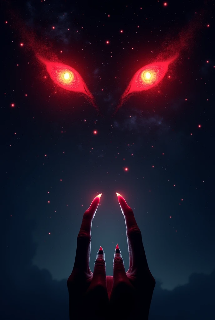 a picture of a ((of 2 glowing red eyes: 1.5)) formed in the night sky full of  stars, BREAK a ((2 of vampire fangs: 1.5))  formed in the night sky full of stars, Ultra-high resolution, High Contrast, (masterpiece:1.5), highest quality, Best aesthetics), 16K fantasy art, best details, best quality, highres, (ultra wide angle: 1.2), 16k, [ultra detailed], masterpiece, best quality, (extremely detailed)