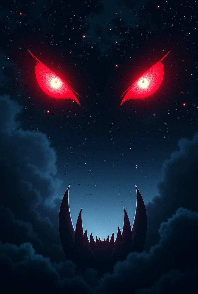 a picture of a ((of 2 glowing red eyes: 1.5)) formed in the night sky full of  stars, BREAK a ((2 of vampire fangs: 1.5))  formed in the night sky full of stars, Ultra-high resolution, High Contrast, (masterpiece:1.5), highest quality, Best aesthetics), 16K fantasy art, best details, best quality, highres, (ultra wide angle: 1.2), 16k, [ultra detailed], masterpiece, best quality, (extremely detailed)