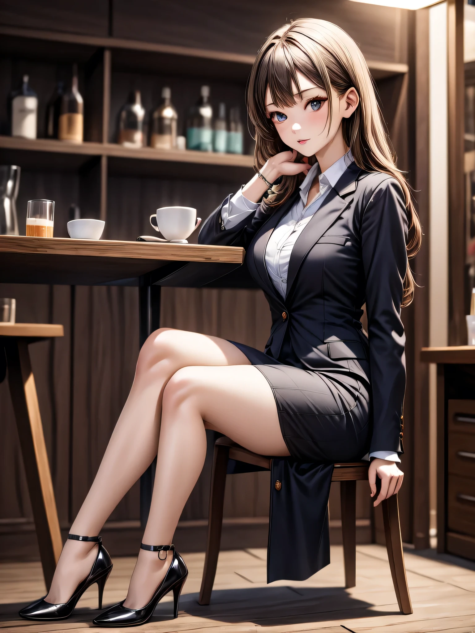 (masterpiece, best quality, highest quality, Masterpiece, 8k:1.5),((Full Body Shot,Including face,1girl)), ((Focus on the face,Symmetrical facial features)), Beautiful woman, (slender), ((High heels)), Detailed depiction of the face, Cafe,bar, (skirt, suit, OL, Sit on a chair:1.5), Woman sitting at a desk drinking coffee, profile, Inside the store at night, Spotlight