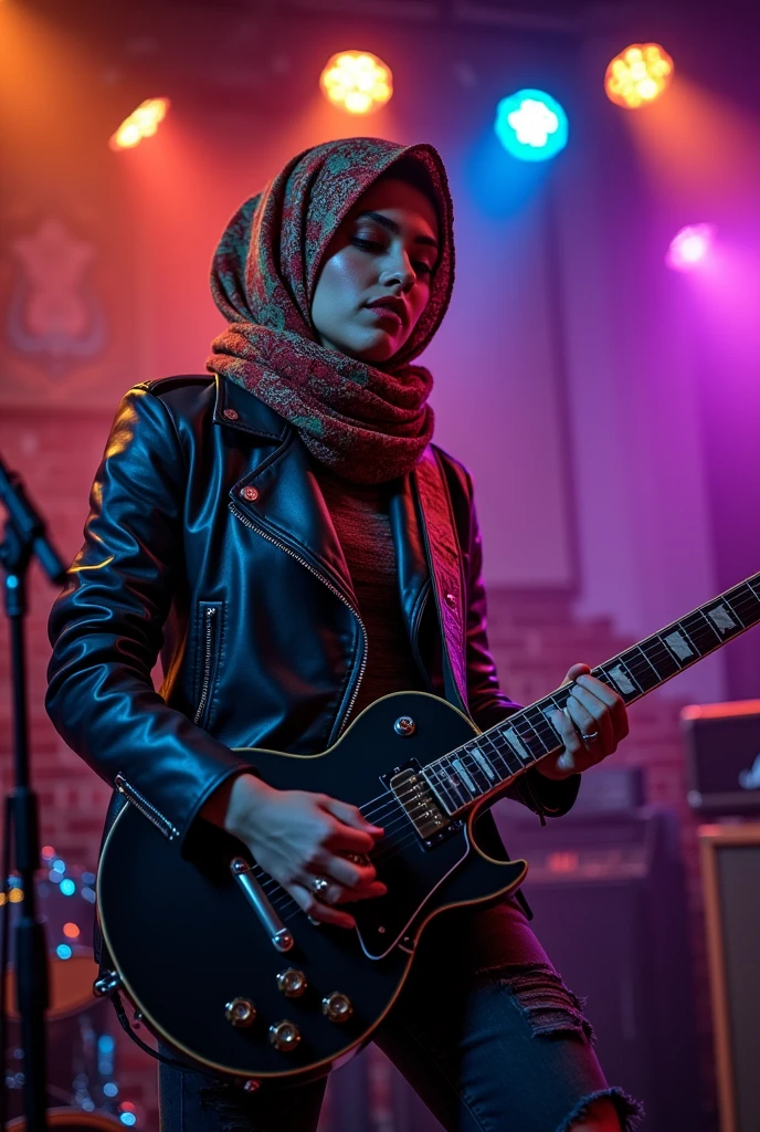 Hijabist loves metal rock music playing guitar