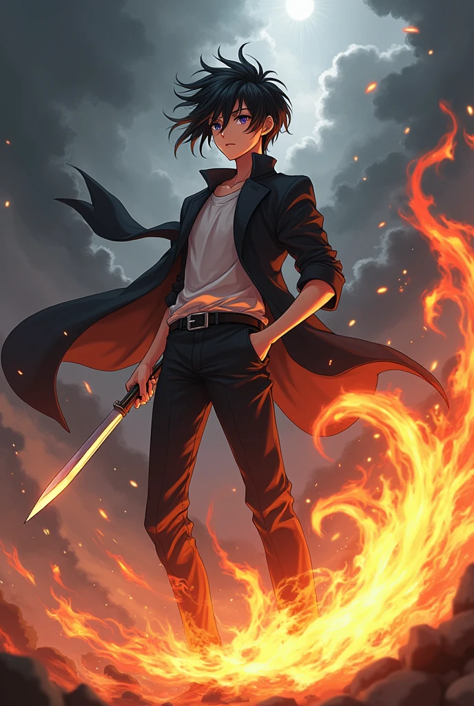 アニメ, beautiful boy , white and black hair, bladed weapon, feux sur la jambe droite, pouvoirs du feux