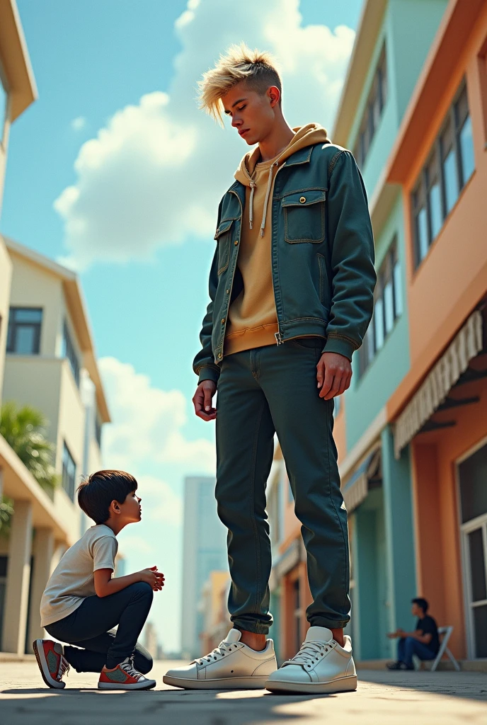 Tiny ant-sized dark haired midget by worship to tall, blond haired giant young guy. Realistic. Modern time. Tiny ant-sized guy bow down at giant's feet. Domination. Giant with white sneakers. Macrophilia.