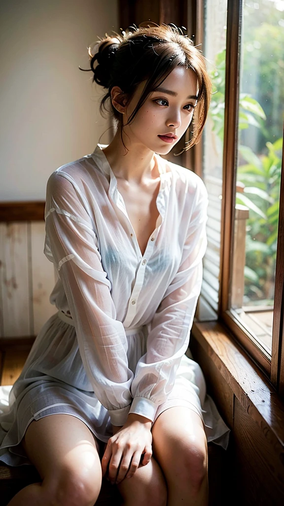 （8k, RAW photography, highest quality, masterpiece:1.2), hair-up, sitting on windowsill, loose white flowy shirt, lush foliage, soft natural light, serene atmosphere, relaxed expression, contemplative expression, one leg bent, calm mood, tranquil, intimate, quiet reflection