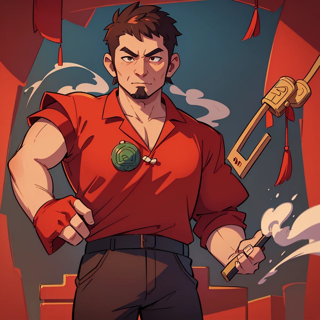 A man holding a Chinese smoking pipe, smoking a zhizi pipe, smoking a zhizi pipe, smoking a zhizi pipe, wearing red color traditional Chinese clothes, chinese background, detailed portrait, hyper-realistic, cinematic lighting, warm color tone, 8k, masterpiece