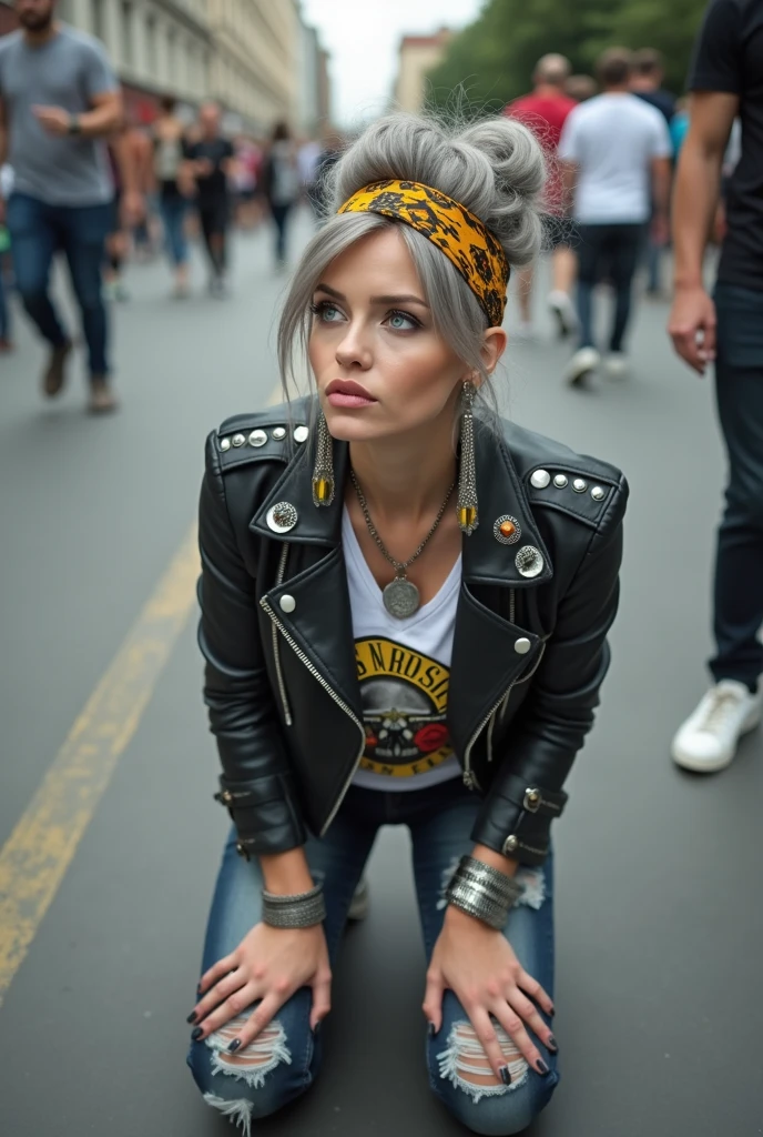 russian milf woman, grey hair (huge top bun) and bandana as headband (big maxi glasses), with very light blue eyes, extremely pale. Wearing cropped black moto jacket with lots of zippers and pins, raggy cropped t-shirt with guns and roses logo, dark skinny blue jeans with holes and white tennis sneakers . Lots of metallic bracelets and collars. Tacky wide leather belt with oversized buckle. Long earrings. Kneeling like in a payer, a little bent, looking up, eyes and mouth wide open in amazement. Hands on her knees. Listening in amazement to somebody speaking to her, toned six pack abdominals, thin legs and thin arms. A lot of people around