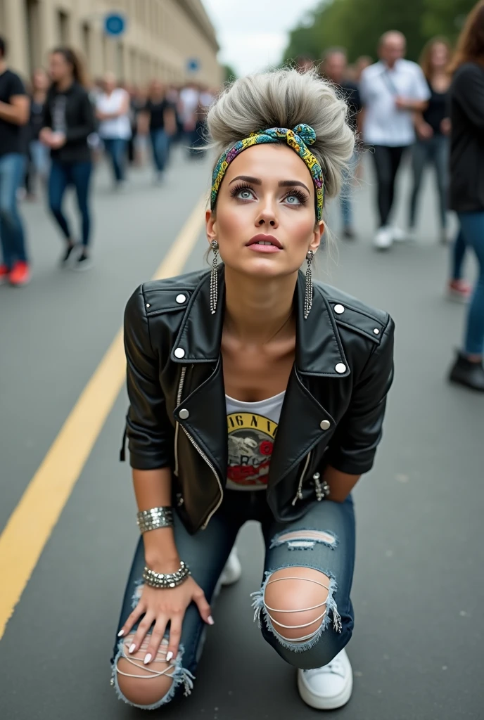 russian milf woman, grey hair (huge top bun) and bandana as headband (big maxi glasses), with very light blue eyes, extremely pale. Wearing cropped black moto jacket with lots of zippers and pins, raggy cropped t-shirt with guns and roses logo, dark skinny blue jeans with holes and white tennis sneakers . Lots of metallic bracelets and collars. Tacky wide leather belt with oversized buckle. Long earrings. Kneeling like in a payer, a little bent, looking up, eyes and mouth wide open in amazement. Hands on her knees. Listening in amazement to somebody speaking to her, toned six pack abdominals, thin legs and thin arms. A lot of people around