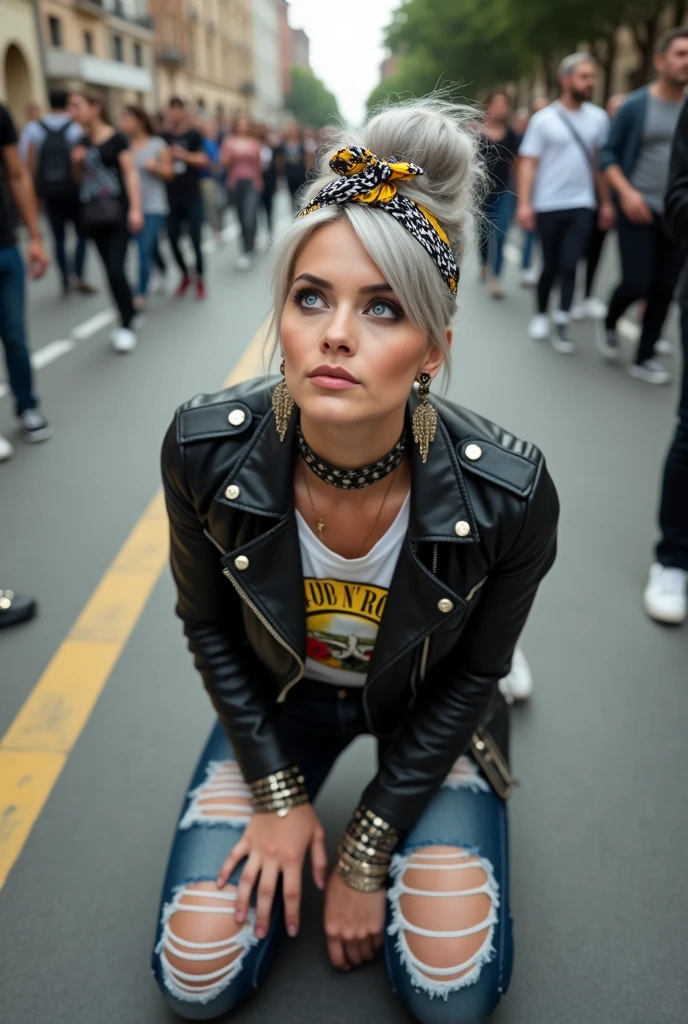 russian milf woman, grey hair (huge top bun) and bandana as headband (big maxi glasses), with very light blue eyes, extremely pale. Wearing cropped black moto jacket with lots of zippers and pins, raggy cropped t-shirt with guns and roses logo, dark skinny blue jeans with holes and white tennis sneakers  . Lots of metallic bracelets and collars. Tacky wide leather belt with oversized buckle. Long earrings. Kneeling like in a payer, a little bent, looking up, eyes and mouth wide open in amazement. Hands on her knees. Listening in amazement to somebody speaking to her, toned six pack abdominals, thin legs and thin arms. A lot of people around