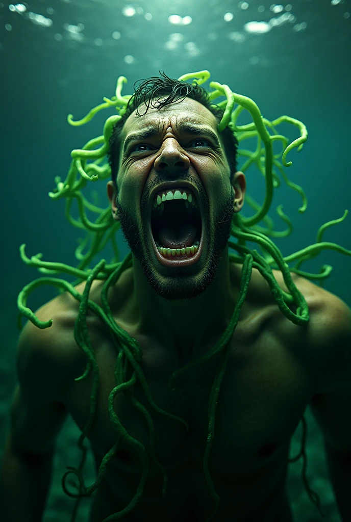 A super high-resolution 3D image of a man with an extremely horrified expression as the seaweed appears to grow inside him, wrapping around his veins and taking control of his body. His face shows clear signs of fear and despair.