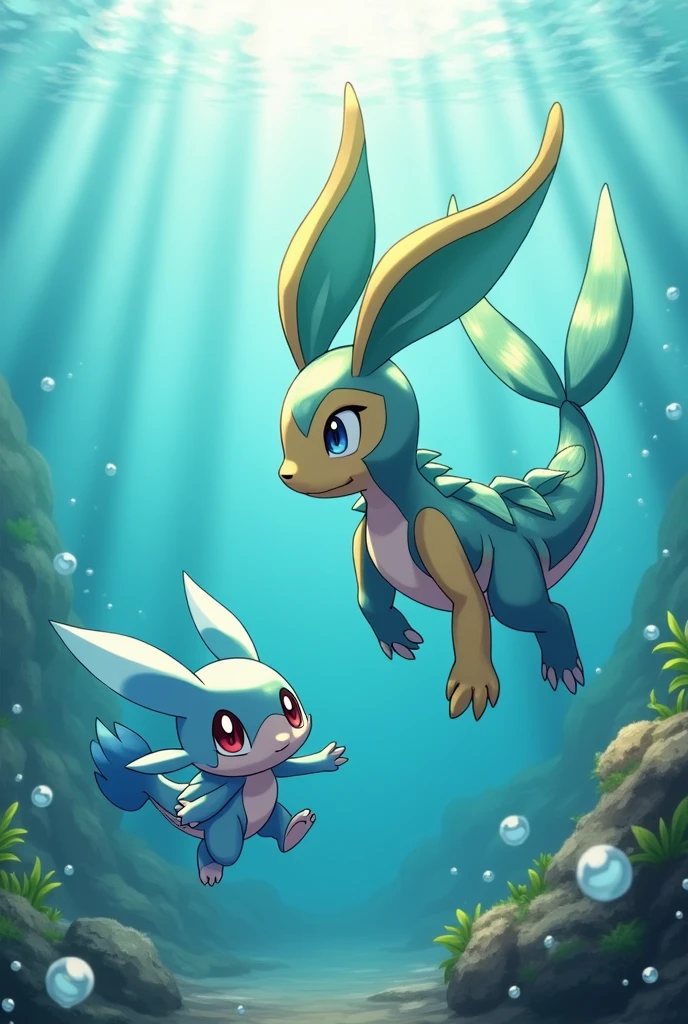 Drawing of two Pokemon, a pre-evolution and an evolution of this water and ground type pokemon, inspired by a nothobranchius rachovii.