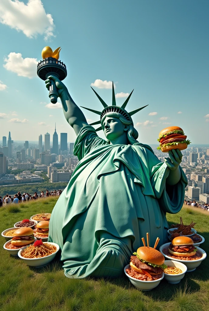 Fat Statue of Liberty Lying down Nipples protruding Eat 100 bowls of ramen Holding a burger in each hand