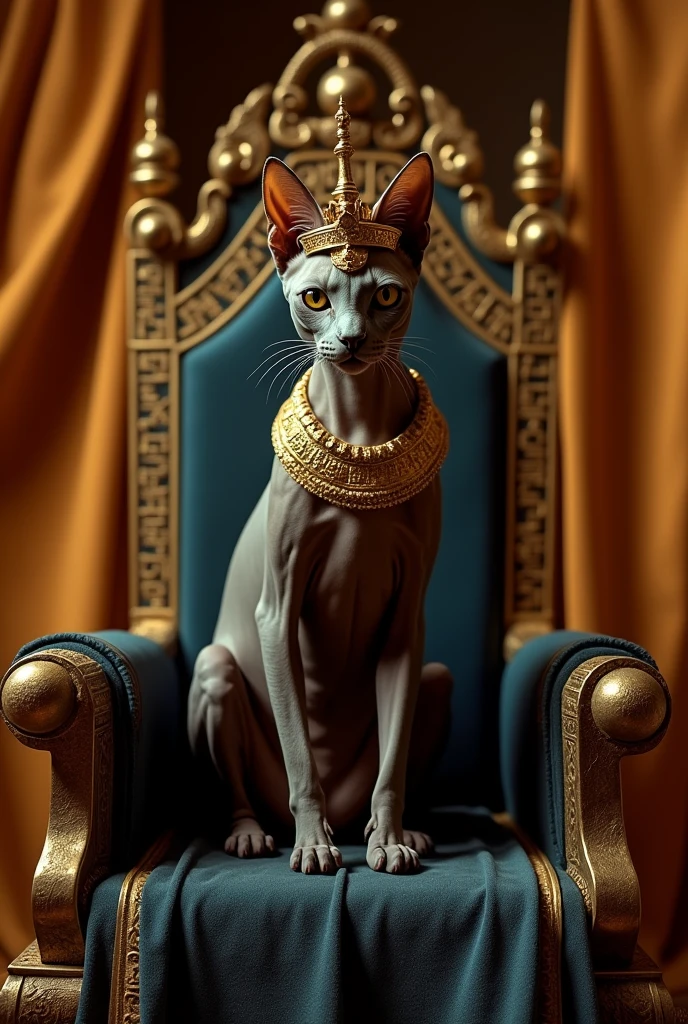 a hairless cat king of egypt, with a crown and a look of power and darkness sitting on a king&#39;s throne, sitting with hands resting on the chair
