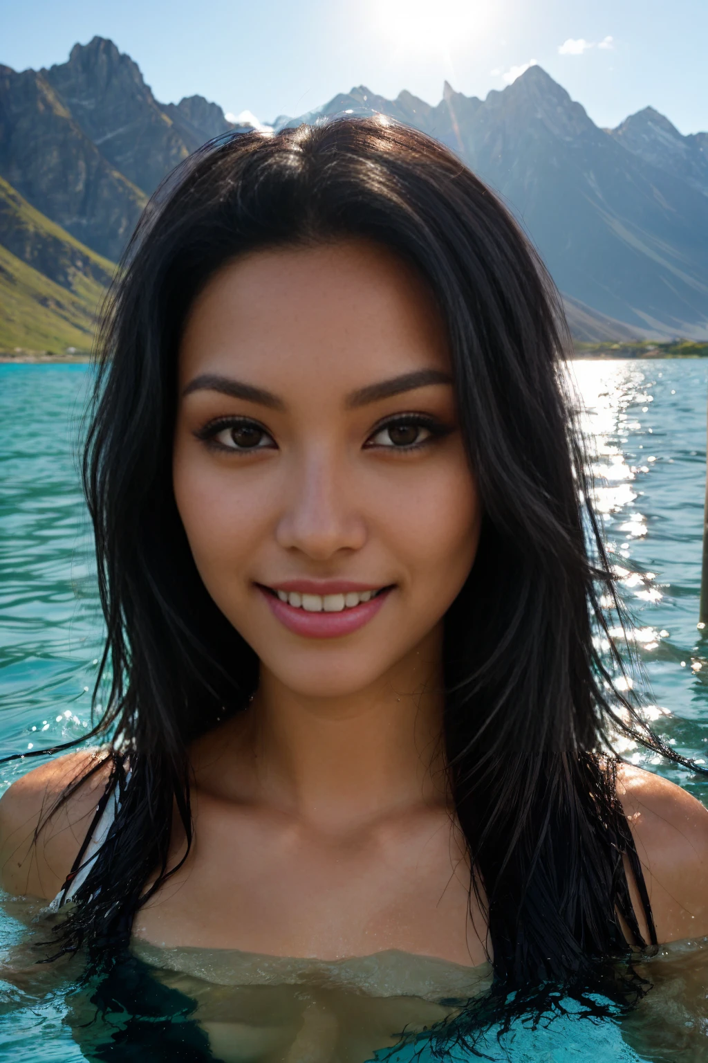 photo of female in city in RAW UHD format (Brown-eyed woman) long (black hair:1.3) Details (textures! , , imperfections: 1.1), DSLR Lighting, SLR camera, Ultra-Quality, sharpness, Crystal clear, sharp-focus, sharp background, sunshine , neon lighting, (lit), day time, detailed skin pores, oilly skin, suntan, high riser background, sharp, focused. razor-sharp, composition, light and shadow, perfect proportions, detailed face, smiling, (beautiful face), (swimming in a lake in the mountains:1.3), (slender), mountains in background, (distance:1.3)