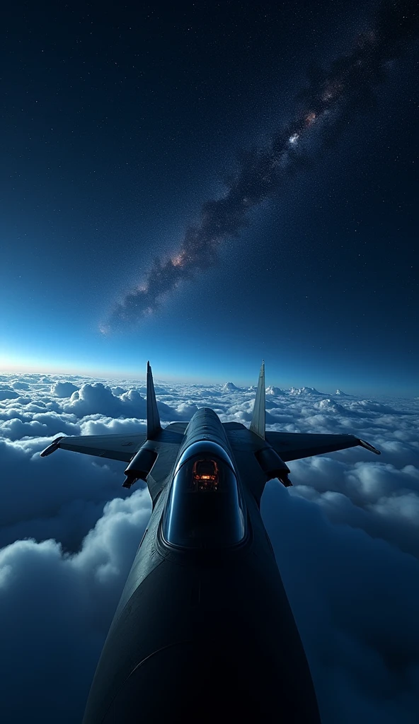 A realistic starry night sky view from the cockpit of a jetfighter, night flight above clouds, (best quality,4k,8k,highres,masterpiece:1.2),ultra-detailed,(realistic,photorealistic,photo-realistic:1.37),dramatic night lighting,atmospheric clouds, glowing stars, silhouetted jetfighter, dramatic lighting and shadows, cinematic composition