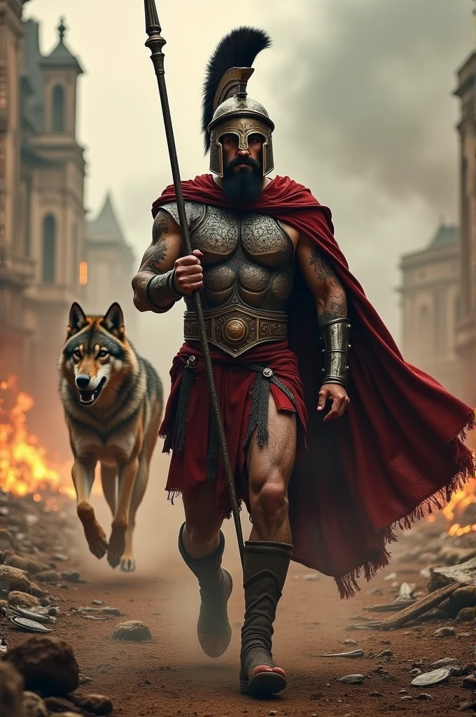 A spartian in tattoo style with his speer an a wolf running a warzone and wearing am helmet, like he was the last man standing