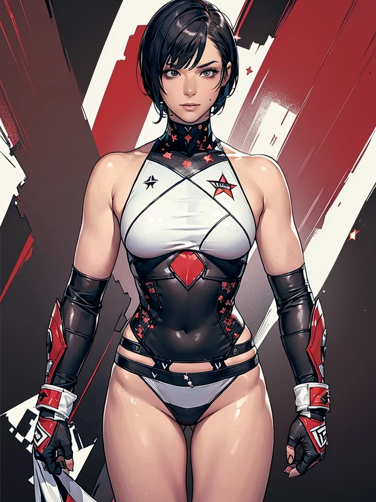 (((Dark random colors with white stars and red and white checkerboard pattern))), (((Woman))), (((best qualityer))), (((masterpiece))), (((grown-up))), (((1 girl))), ((( short black hair ))), ((( short cut hair ))), (((random colors))), Uma lutadora de WWE cyberpunk Woman de 25 anos com corpo perfeito, clean face, (( bandaged arms )), (((MMA fighter glove))), tiny leather panties, armor with intricate textures, almost naked in Simon Bisley's wild urban style for the cover of Heavy Metal magazine, Spectacular colorful graphics, Minimal clothing, Metal protection on the left arm with complex graphics, dynamic angle, (((from the knee up))), ((( shoulder hair ))), In the background is a ring with an intricate design by Shepard Fairey