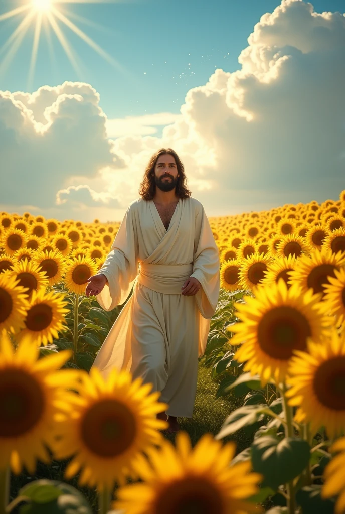 Jesus walking in a sunflower field
