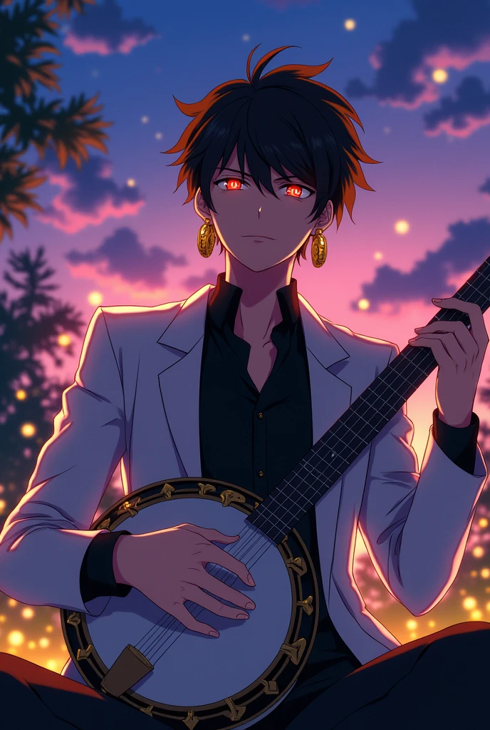 The Legend of Anime Kimetsu no yaiba, a tall man aged 27, I have gold earrings, a white jacket with a black shirt underneath, orange eyes with red details around them, is sitting holding his big banjo