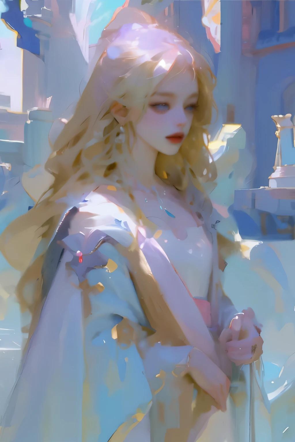 There was a woman in a white dress holding a music box, guweiz style artwork, guweiz on pixiv artstation, guweiz on artstation pixiv, Gu Weiss, Fantasy art style, Gu Weiss masterpiece, Beautiful and elegant queen, Beautiful character painting, Detailed digital anime art, Blonde Princess, White hair, Sky blue eyes, Pink lips