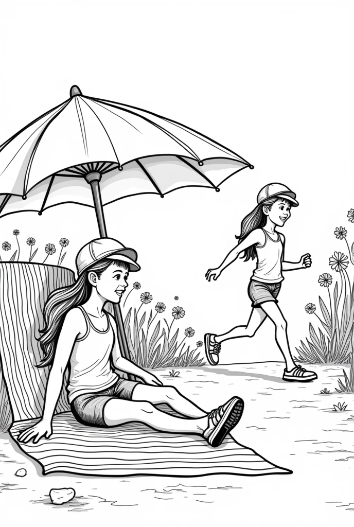 You are the manager of the Zara brand.. Create a children&#39;s coloring illustration with fashionable clothes elements for girls:: The picture is black and white, so that the children can color it themselves . girl in a cap, hair pulled back into a long ponytail. Tans, lying on a striped towel, under a large sun umbrella. This same girl is jogging along an alley of fantastically beautiful flowers.