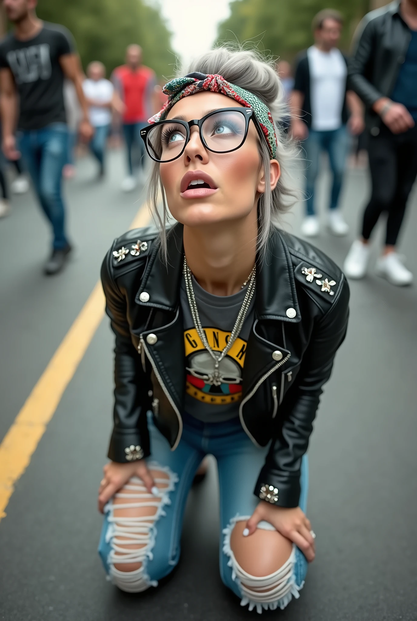 russian milf woman, grey hair (huge top bun) and bandana as headband (big maxi glasses), with very light blue eyes, extremely pale. Wearing cropped black moto jacket with lots of zippers and pins, raggy cropped t-shirt with guns and roses logo, dark skinny blue jeans with holes and white tennis sneakers  . Lots of metallic bracelets and collars. Tacky wide leather belt with oversized buckle. Long earrings. Kneeling like in a payer, a little bent, looking up, eyes and mouth wide open in amazement. Hands on her knees. Listening in amazement to somebody speaking to her, toned six pack abdominals, thin legs and thin arms. A lot of people around her