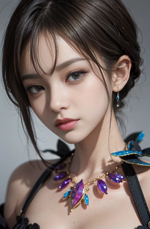 8-year-old, Close-up portrait of a woman in a colorful clown costume、Shoulder out、thin、Serious expression、Short-haired、Deadly position, Gorgeous Necklace, Scales and skin,  Enchanting anime girl, Beautiful and seductive anime woman, Realistic and perfect body, Anime Cosplay, Perfect body with realistic shadows, Reptile Eyes：1.5