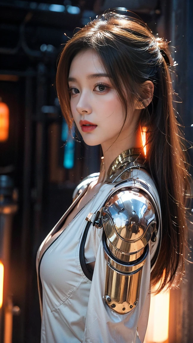 Create a highly detailed image of a young woman with a cybernetic appearance. Shot from the side. She has a complicated, A gold futuristic suit and mechanical parts integrated into her head and neck. Her skin has a realistic texture，Has minor blemishes and freckles, Even though her robots are enhanced，But her appearance remains lifelike. full, Natural mid-chest, Cleavage. The background is a bit blurry, Focus on her expressive eyes and detailed machinery, Create a fusion of humanity and technology in visually stunning sci-fi settings.
