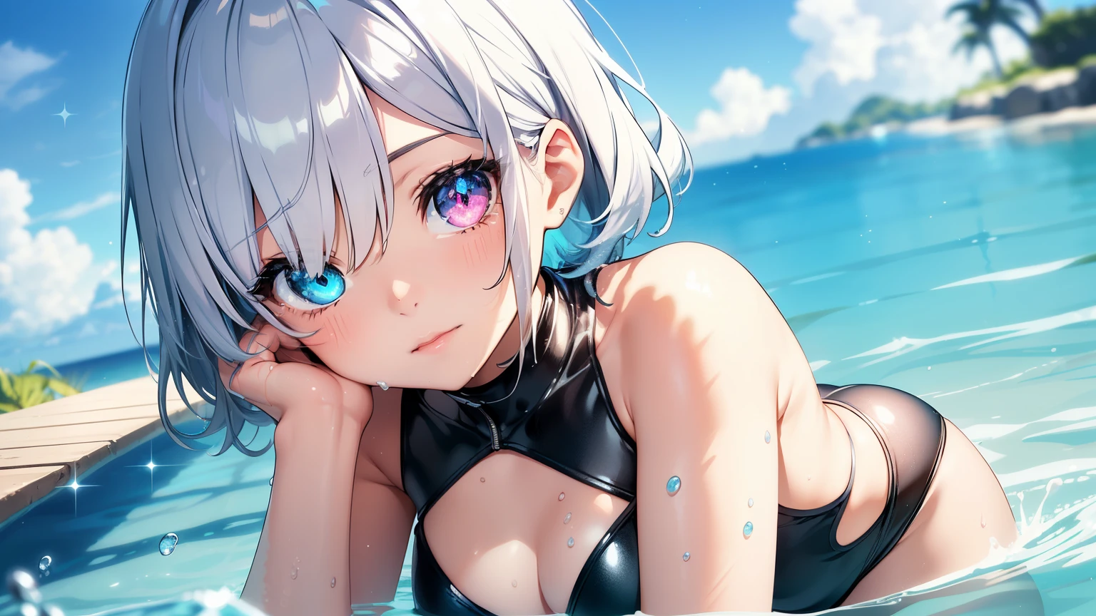 Best quality、Photorealistic、Ultra-detailed、delicate、Orderly、High Detail、Bluish Silver Short Bob、(Drooping heterochromia iris,glowing eyes、Sparkling Eyes:1.3)、Slender、(One girl:1.2)、(Swimwear,Wet South Sea、diving、Swimming in the water、Full Body:1.3)Dynamic Angle、Dutch Angle、Ambient Occlusion、Ambient Light、Ray-traced Reflections、Glow、Shiny Hair、
