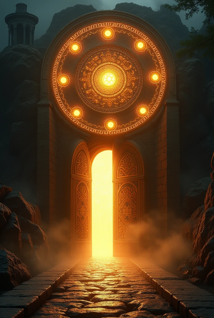 Angle is located above the gate. The gate should be intricately designed with glowing, 8 mystical symbols and patterns, and it should emit a bright, golden light from the opening. The surrounding environment is dark and shadowy, creating a stark contrast with the golden light. The overall atmosphere should evoke a sense of mystery, wonder, and the beginning of an adventure, with the glowing symbols suggesting magic or hidden knowledge