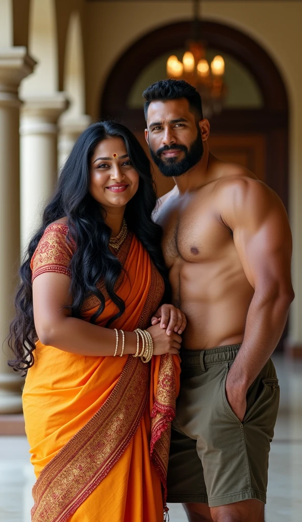 Newly wed couple, hot curvy south indian thick milf with long black hair, big breast, big hip, big ass, thick thighs, woman wearing saree, indian couple, very short brown man with buzz cut, very big muscular body and beard, man wearing shorts, woman with man, couple in a big villa, high resolution, looking at camera, tall woman and short man, close-up potrait, Closed Mouth,