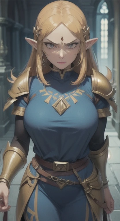 Masterpiece, best quality, mythical, Alluring, princess Zelda, Hyrule, legendary Triforce,  armor, looking at viewer pissed, judgemental glare, POV,  SFW,