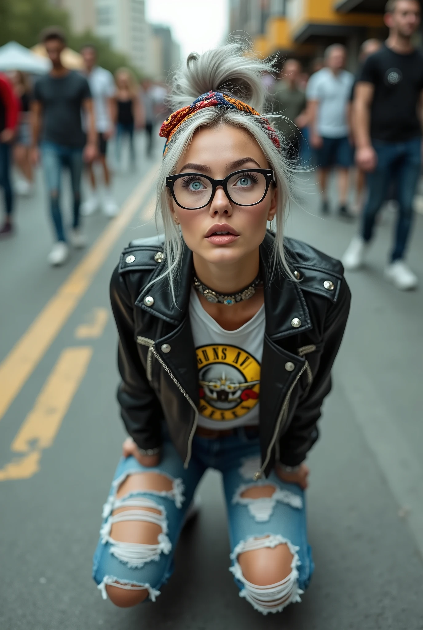 russian milf woman, grey hair (huge top bun) and bandana as headband (big maxi glasses), with very light blue eyes, extremely pale. Wearing cropped black moto jacket with lots of zippers and pins, raggy cropped t-shirt with guns and roses logo, dark skinny blue jeans with holes and white tennis sneakers . Lots of metallic bracelets and collars. Tacky wide leather belt with oversized buckle. Long earrings. Kneeling like in a payer, a little bent, looking up, eyes and mouth wide open in amazement. Hands on her knees. Listening in amazement to somebody speaking to her, toned six pack abdominals, thin legs and thin arms. A lot of people around her