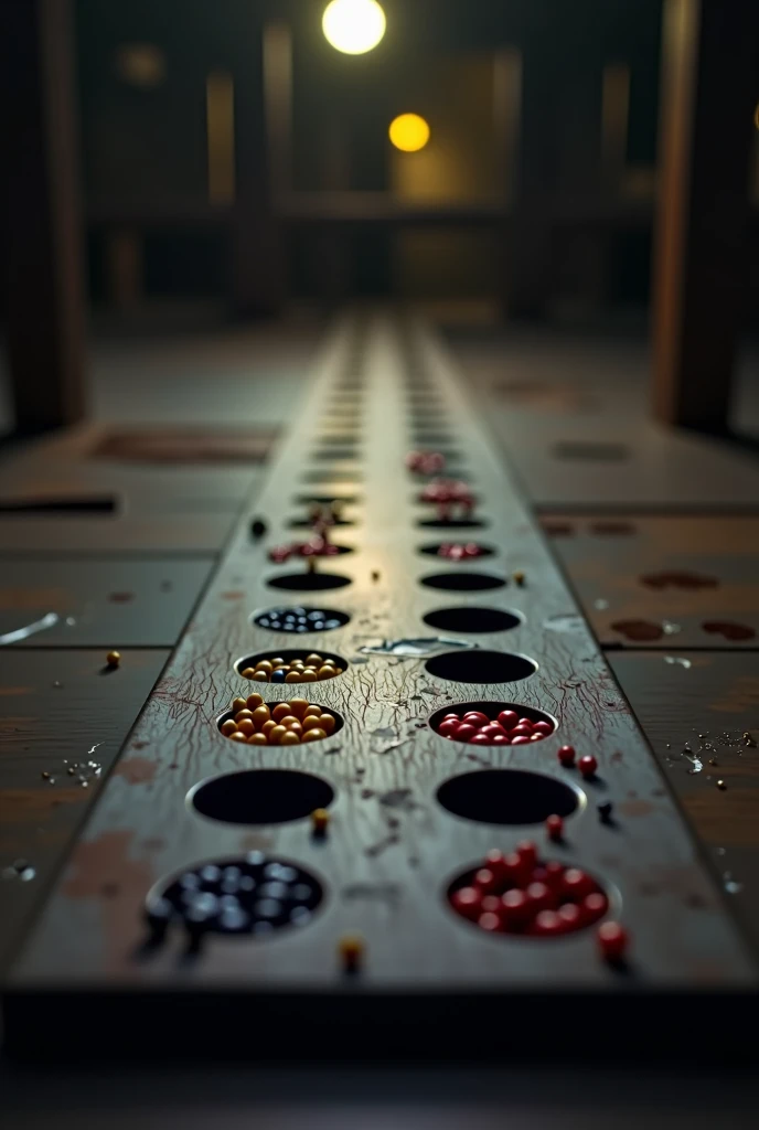 Rectangular game board made up of two rows of six holes with four seeds in each of those holes. (that are moving from one hole to another), At the top and bottom of the board there is a larger hole. The background will be dark and further back you will see a small light that illuminates the board.