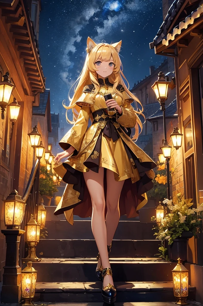 high quality, High resolution, Attention to detail, detailed、Golden Cat、Wearing shining crystals、Light、bright、mysterious、night、Medieval European Gardens
