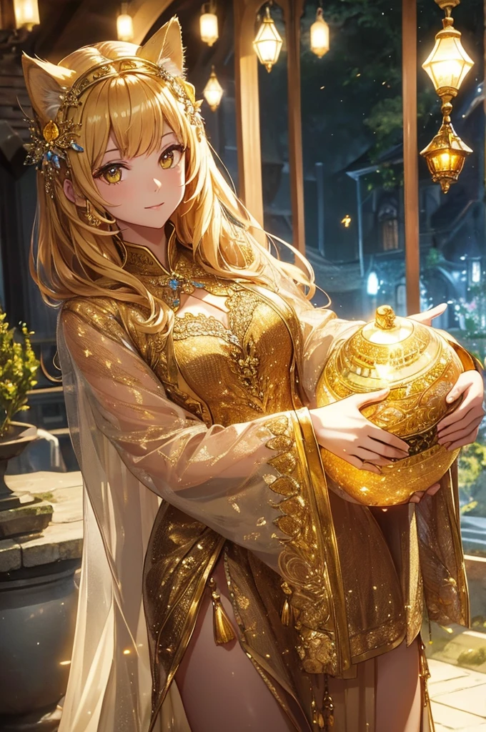 high quality, High resolution, Attention to detail, detailed、Golden Cat、Wearing shining crystals、Light、bright、mysterious、night、Medieval European Gardens