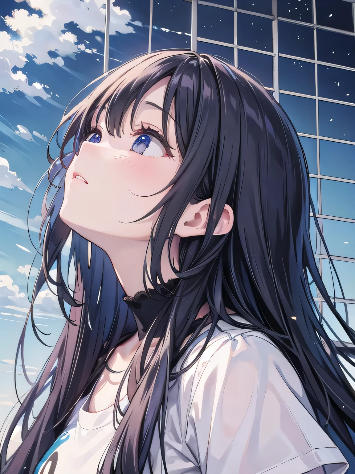 woman、Anxious expression、Black Hair、White T-shirt、Looking up at the sky