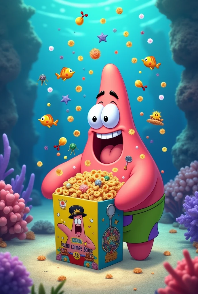 patrick star crime solving degree from cereal box, give me the picture of him opening the box and receive the degree