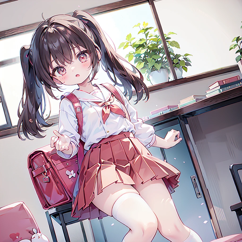 1girl,Twin tails、強風にあおられた小学生のが前に進めずTwin tailsがオールバックになっている、Red dress、Shiori high socks、Brown Loafers、Red School Bag、