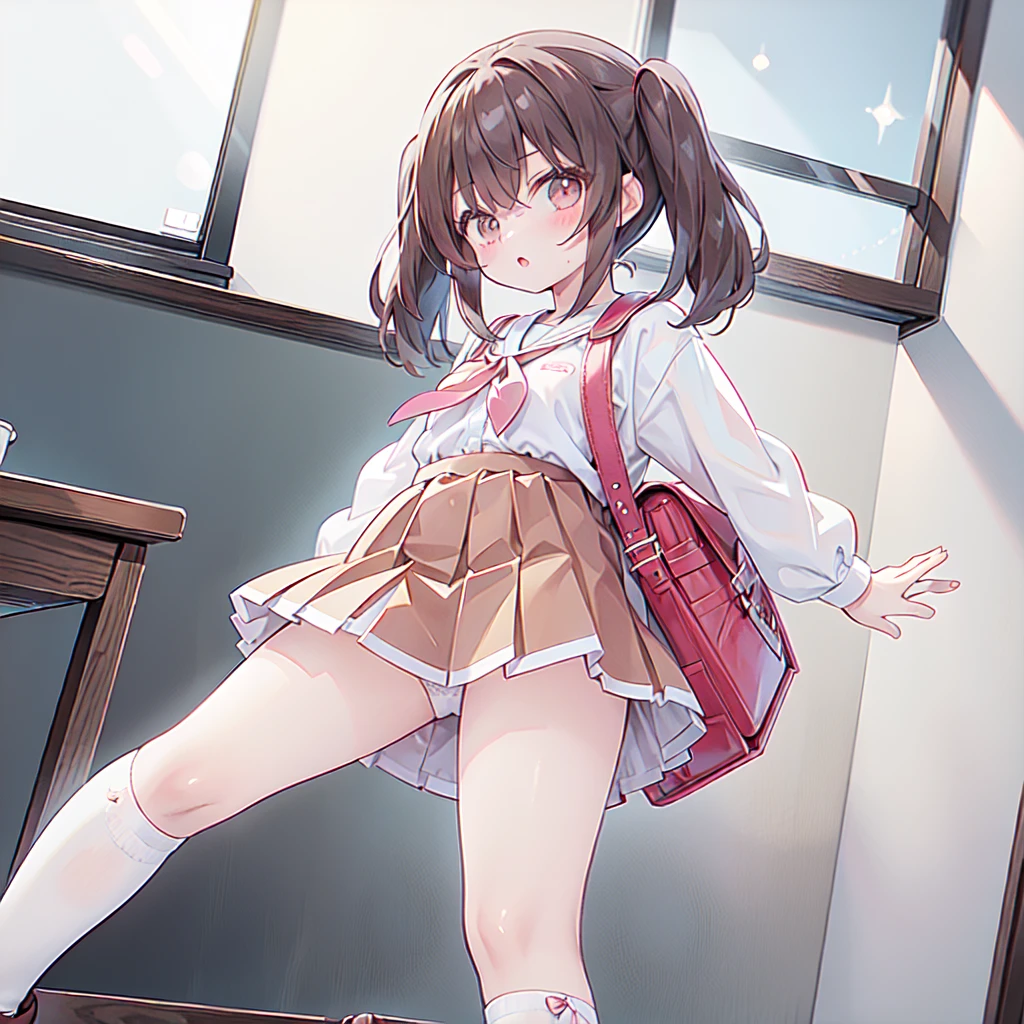 1girl,Twin tails、強風にあおられた小学生のが前に進めずTwin tailsがオールバックになっている、Red dress、Shiori high socks、Brown Loafers、Red School Bag、