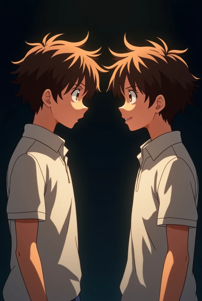 A with a brown hair and eyes with a good jawline wearing a white polo talking to another boy who looks exactly and wearing exatcly like him with a smirk on his face in a dark background while being shocked (anime version)