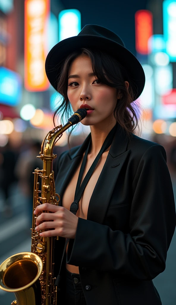 photo-realistic, ultra-realistic, very beautiful Japanese, famous Japanese idol, 25 years old, dramatic scene, masterpiece, beautiful eyes, playing the sax as a street musician, dynamic pose, dynamic angle,