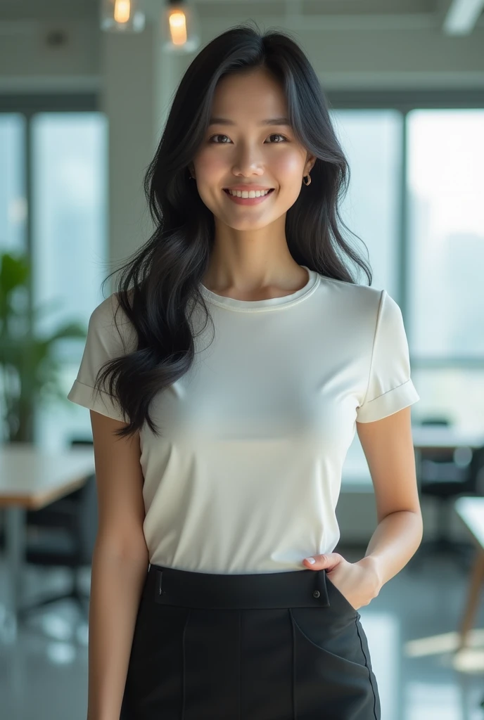 In the office、Japanese women、OL、Beautiful hair quality、High resolution、Model-like face、Average body type of Japan people、Business casual attire、Tight Skirt、Tight T-shirt、Realistic skin texture、whole body、Long black hair、Natural smile